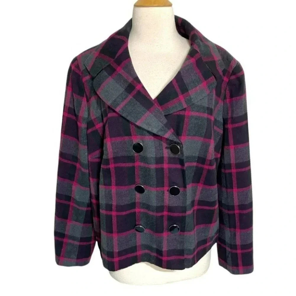 Worthington 1X‎ black pink grey plaid double breasted coat